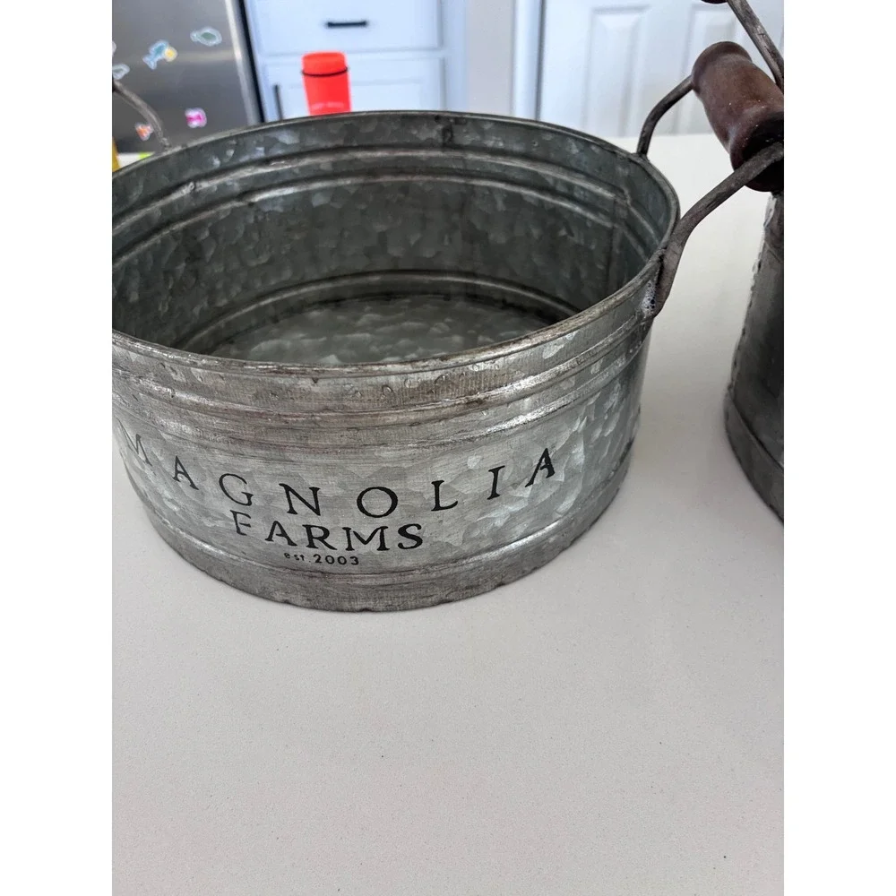 Magnolia Farms Galvanized Metal Buckets Set of 2 Wood Handles Farmhouse Decor